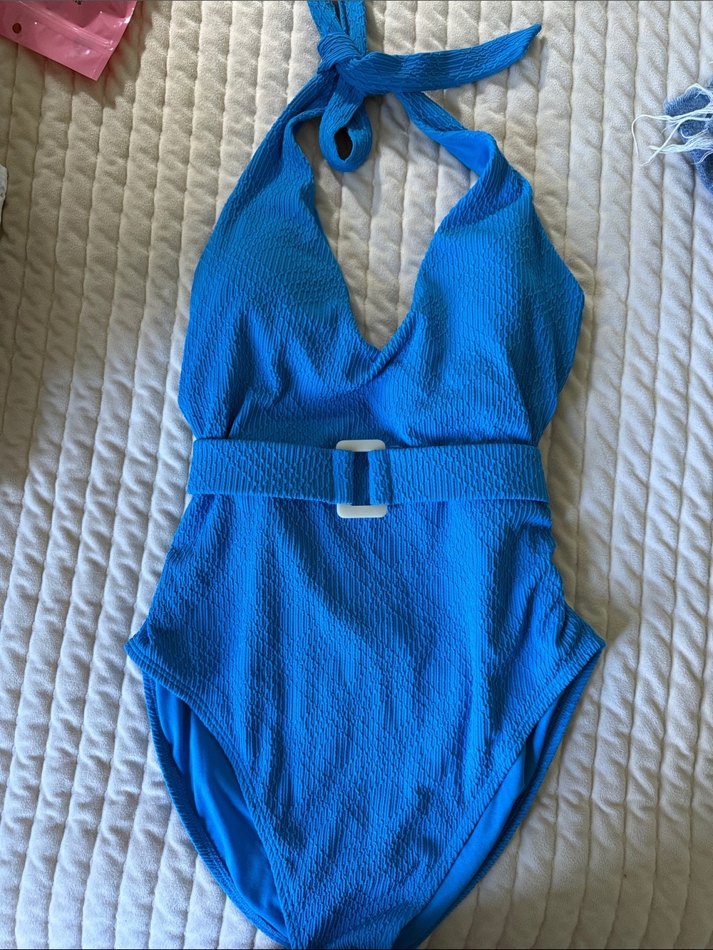 Shade & Shore Bright Blue Textured Halter One-Piece Swimsuit with Belt